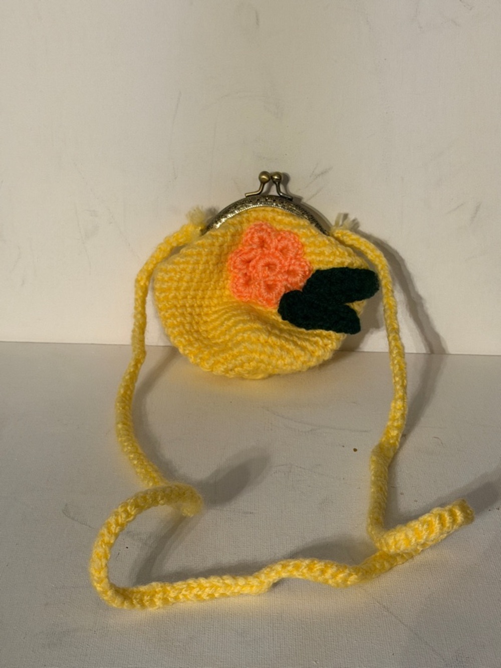 Yellow Crochet Mini Crossbody Bag with Coral Flower Accent